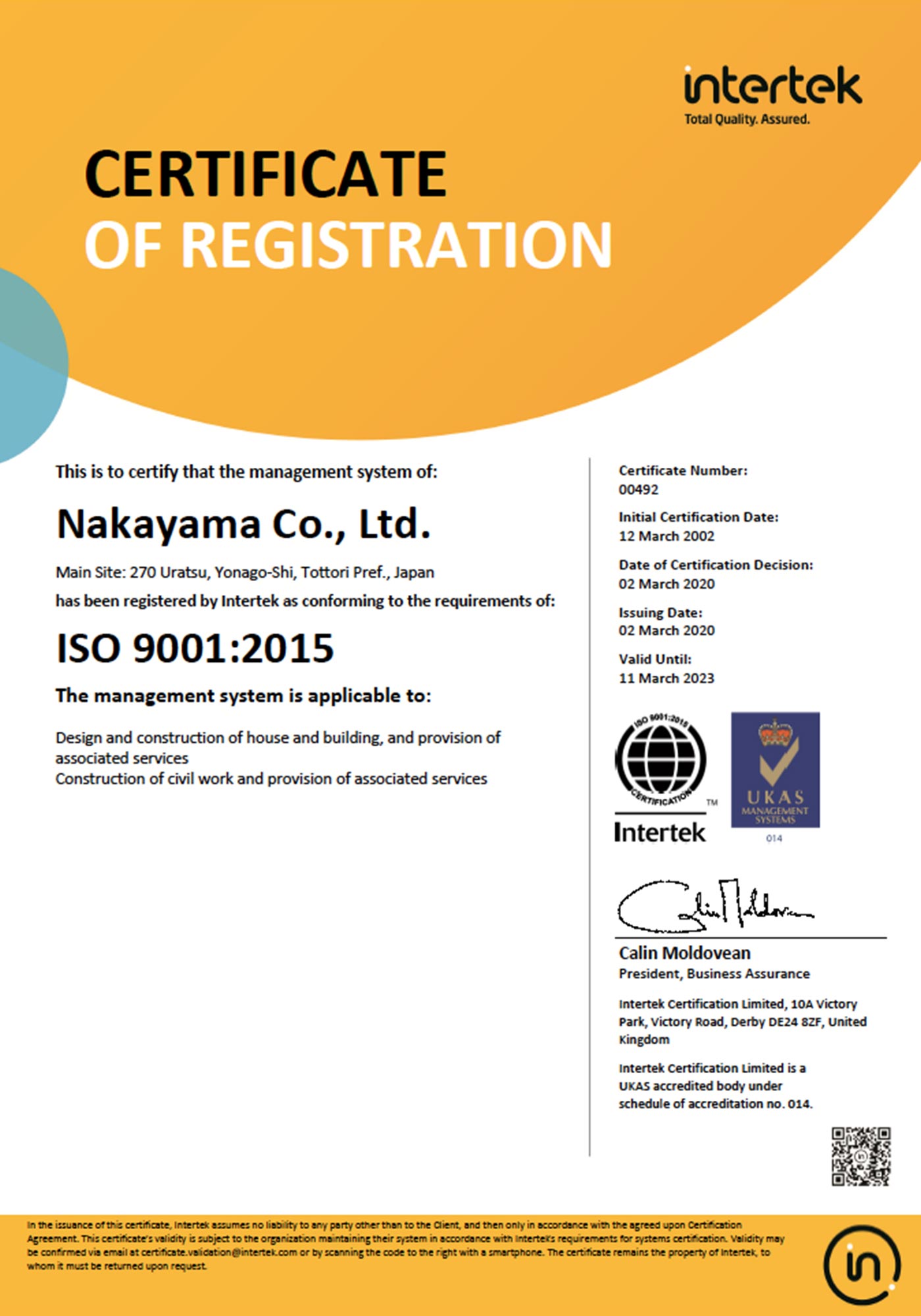 ISO certificate of registration